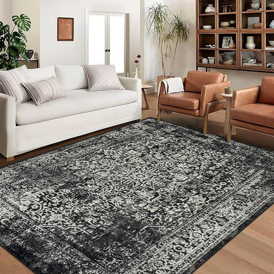 vivorug 8x10 Area Rugs, Stain Resistant Washable Rug for Living Room, Vintage-Inspired Black and White Rug