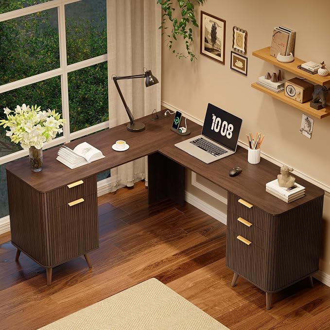 67" Fluted L Shaped Desk with File Drawer, Executive Home Office Desk with Power Outlet & Type-C Port, Corner Computer Desk with 3 Storage Drawers and Cabinet, Writing Desk for Study, Walnut