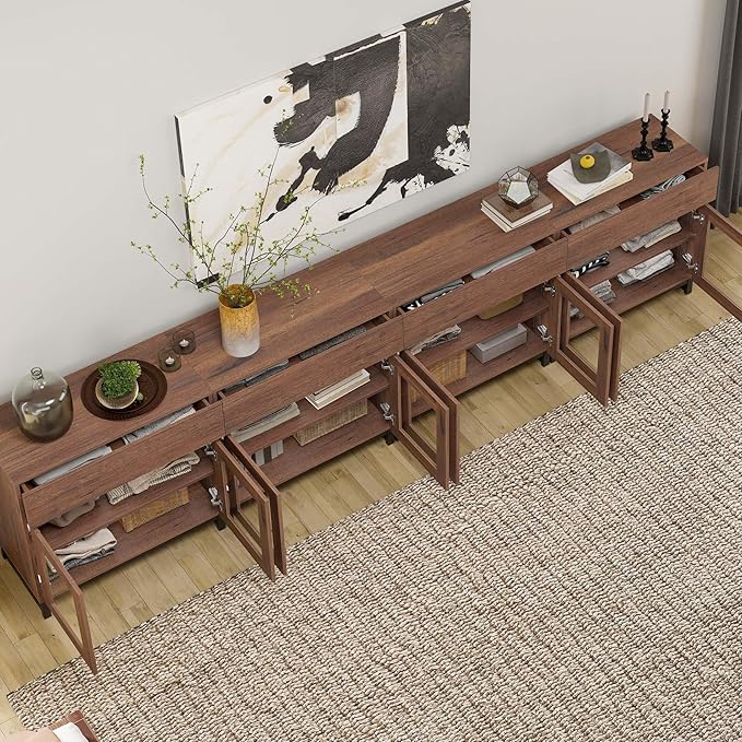 WAMPAT 4 in 1 Multifunctional Sideboard Buffet Cabinets with 8 Glass Doors and 4 Drawers, Modern Sideboard Credenza with Metal Base, Coffee Bar Storage Cabinet for Living Room, Kitchen, Brown