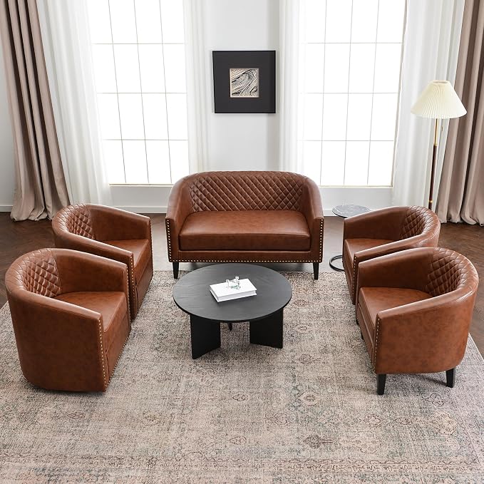 KINWELL 50" Faux Leather Loveseat Sofa with 2 Swivel Barrel Chairs, Brown | for Small Spaces