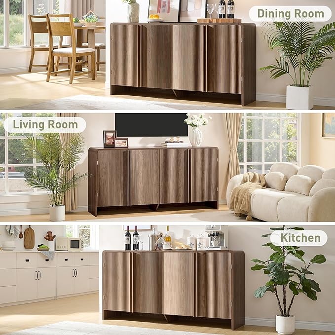 AMERLIFE 63" Fluted Sideboard Buffet Cabinet with Storage, Modern Credenza Console with 4 Doors & Adjustable Shelves, Wood Coffee Bar for Kitchen, Living Room, Hallway, Brown