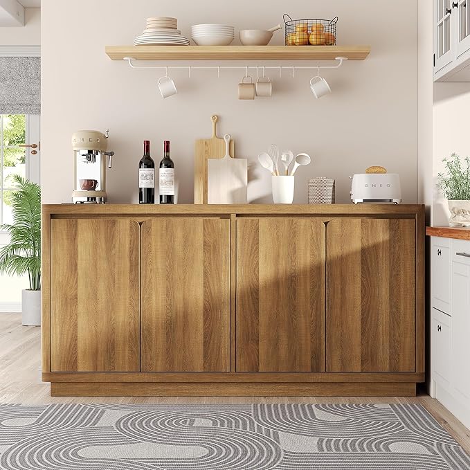 Buffet Cabinet with Storage, Outlet & Adjustable Shelves, Sideboard Cabinet with Double-Arc Doors, Classic Modern Wood Console Table & Credenza for Dining Room & Entryway