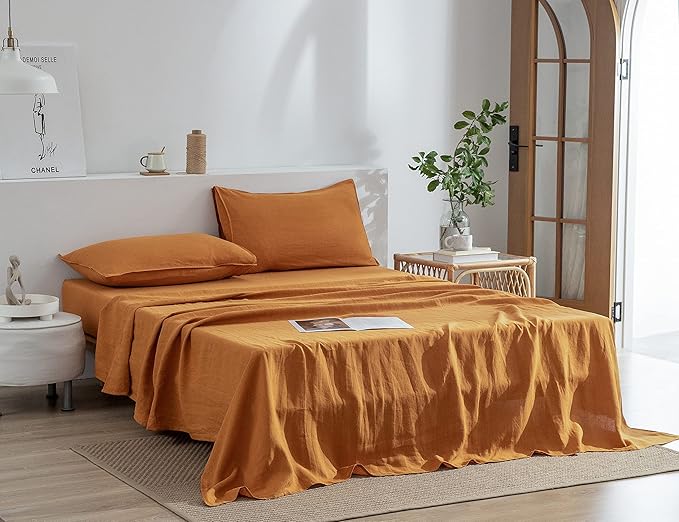 EVERLY Linen Sheets Set King Size,100% French Stonewash Pure Linen Sheets Set,4Pieces (1Flat Sheet,1Fitted Sheet,2Pillowcase) Suitable for Hot Sleepers,Deep Pocket Natural Bedding Set-Caramel