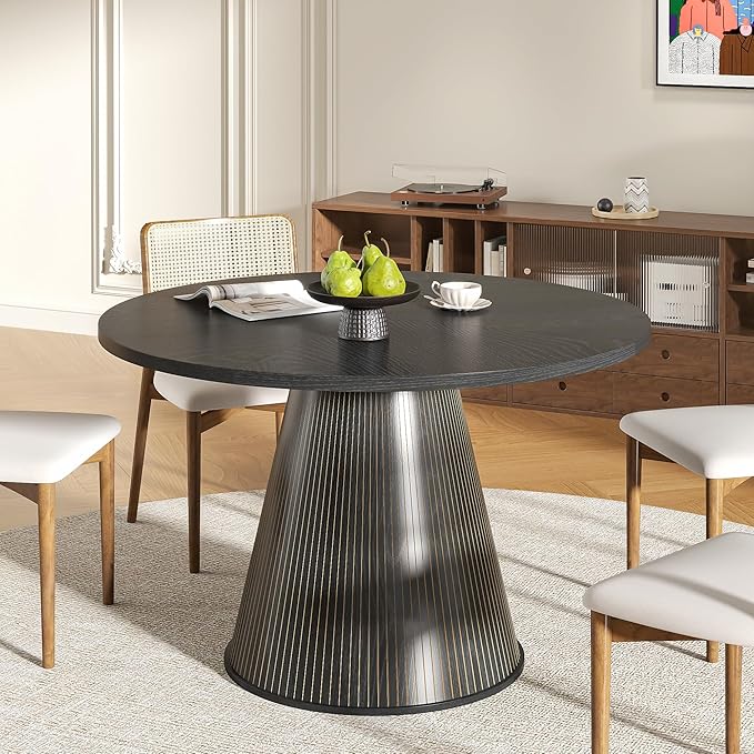 Round Dining Table for 4, Farmhouse Fluted Dining Kitchen Table, 47 Inch Modern Wood Small Circle Dining Table for Kitchen Living Room (Black, 47inch)