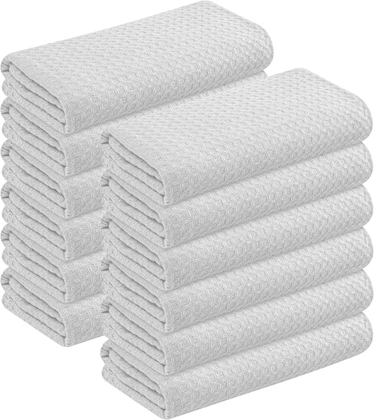 White Waffle Kitchen Dish Towels 100% Cotton, Soft, Absorbent, Quick Drying, Multipurpose Use, Bar & Hand Towels, 16x26 Inches, Durable, Machine Washable, Reusable, Set of 12