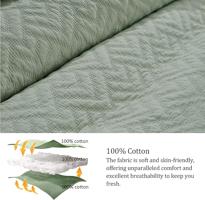 palassio Sage Green 100% Cotton Quilt King Size Bedding Sets with 2 Pillow Shams, Lightweight Textured Farmhouse Country Bedspread Soft Shabby Chic Patterned Coverlet for All Season, 3 Pieces