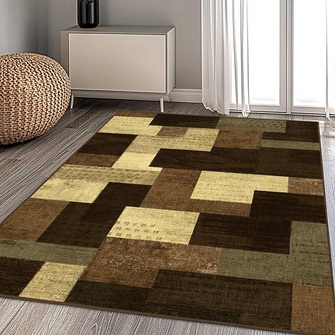 Modern Geometric Patchwork Indoor Area Rug for Living Room, Warm Taupe 6x9 Large Rug Rockwood Collection Hardwood Floors Decor for Bedroom, Taupe Throw Carpet for Office Entryway Dining Room