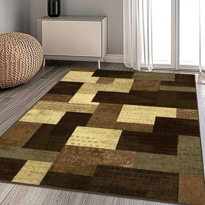 Modern Geometric Patchwork Indoor Area Rug for Living Room, Warm Taupe 9x12 Large Rug Rockwood Collection Hardwood Floors Decor for Bedroom, Taupe Throw Carpet for Office Entryway Dining Room