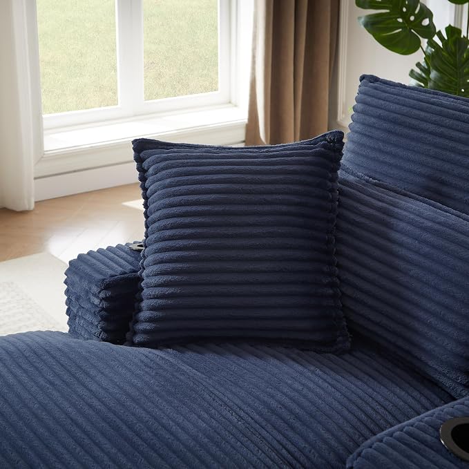 67" Oversized Chaise Lounge Chair Indoor, Boneless Cloud Couch with 3 Pillows, 2 Side Pockets and 2 Cup Holders, Corduroy Sleeper Sofa Bed for Living Room Bedroom Reading Nook - Blue | Breathable material