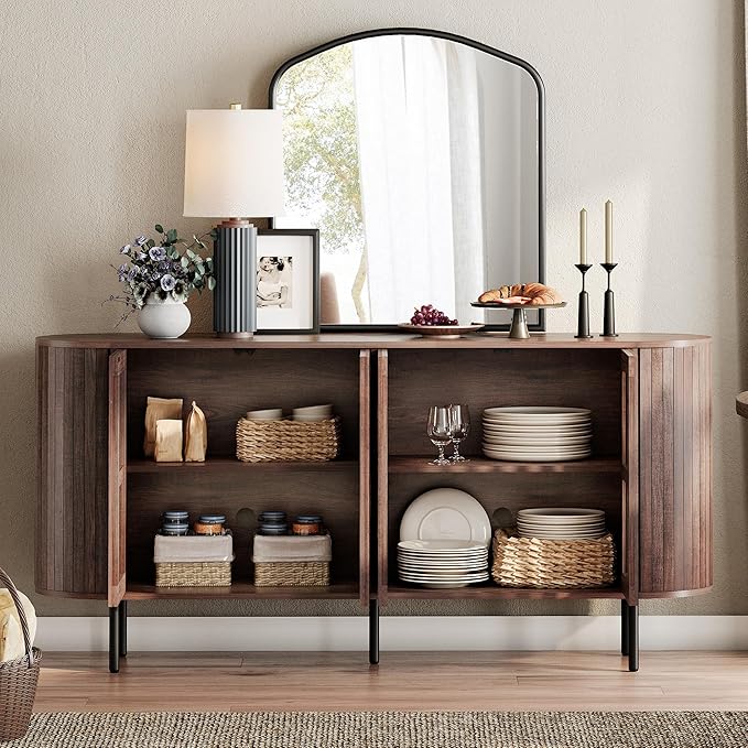 WAMPAT Sideboard Buffet Cabinet with 4 Fluted Doors,64" Wood Accent Storage Cabinet with Curved Design,Credenza for Dining Room,Hallway,Walnut