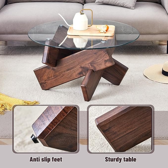 Round Glass Coffee Table, 33.4 Inch Clear Tempered Glass Top Coffee Table with Walnut Crossed Legs, Modern Small Glass Center Table for Living Room Home