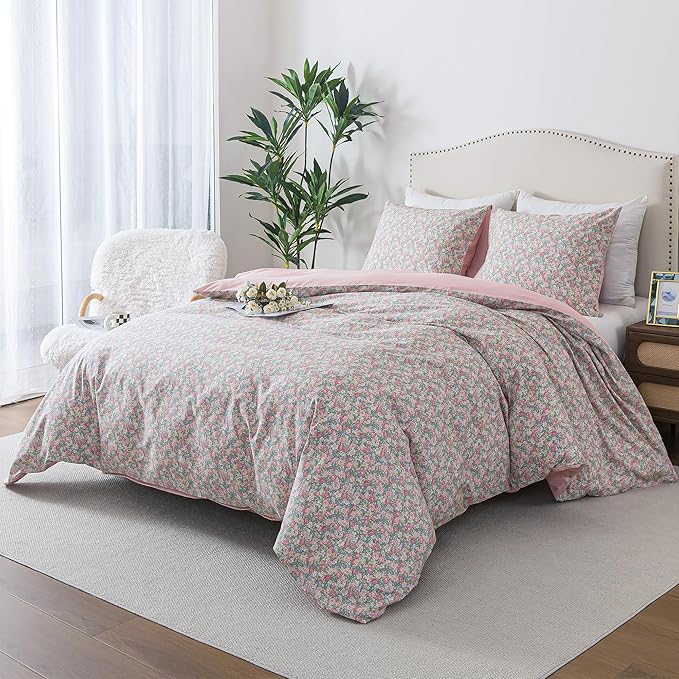 HoneiLife Floral Duvet Cover Queen - 100% Cotton Comforter Cover, Soft & Breathable Bedding Duvet Cover Sets with Zipper Closure & Corner Ties, 3-Piece Wildflower Comforter Cover Sets, Rose