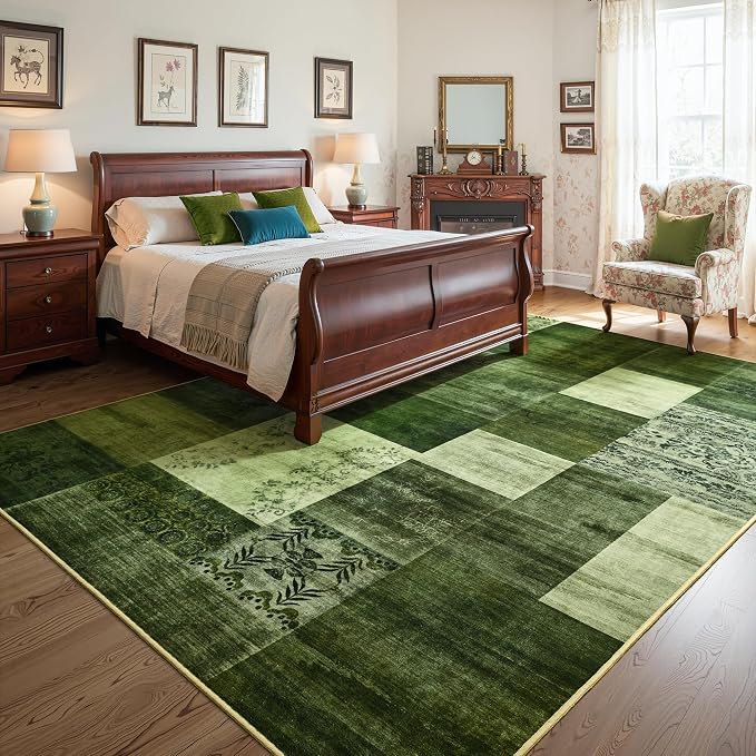 Tepook 4x6 Green Area Rugs for Living Room, Modern Large Geometric Rug for Bedroom, Washable Patchwork Rug Indoor Non Slip Throw Carpets for Dining Room Office Farmhouse Home Decor