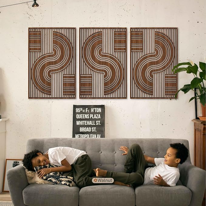 Dining Room Wall Art with Modern Geometric Wood Decor, Mid Century Abstract Line and Curve Wooden Panels, Boho Room Decor Aesthetic for Living Room and Bedroom
