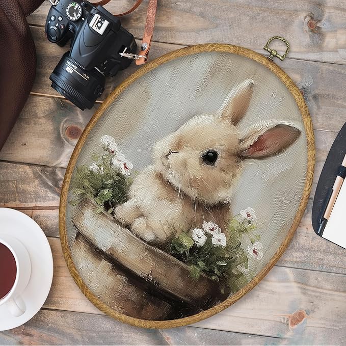 CGBHW Vintage Floral Easter Bunny Oval Wall Art Decor, Rustic Easter Canvas Prints Framed, Cottagecore Flower Rabbit Wall Art Hanging Decor for ome Bedroom Home Kitchen Living Room, 8.6x11.4 Inch