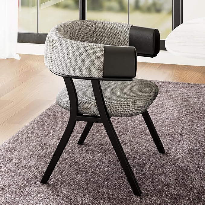 Upholstered Kitchen & Dining Room Table Chairs Set of 2, Metal Modern Dining Room Chair with Armrests, Curved Backrest, Linen Fabric for Living Room, Office, Vanity, Sturdy Metal Legs, Gray