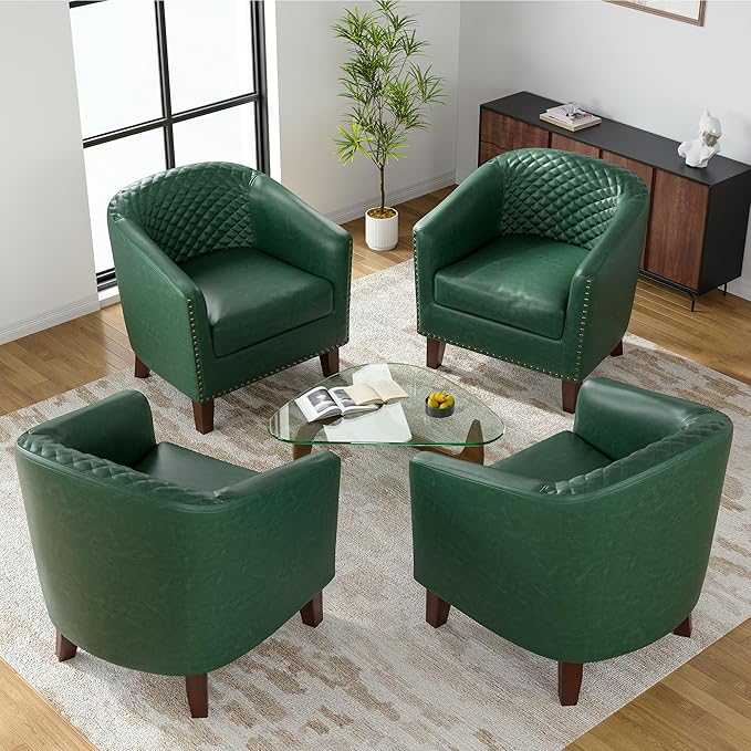 UIXE Faux Leather Barrel Accent Chairs Set of 4, Modern Club Upholstered Arm Chair, Comfy Armchair Nailed Trim Living Room Single Sofa Reading Seat Bedroom Side Sitting for Office, Green