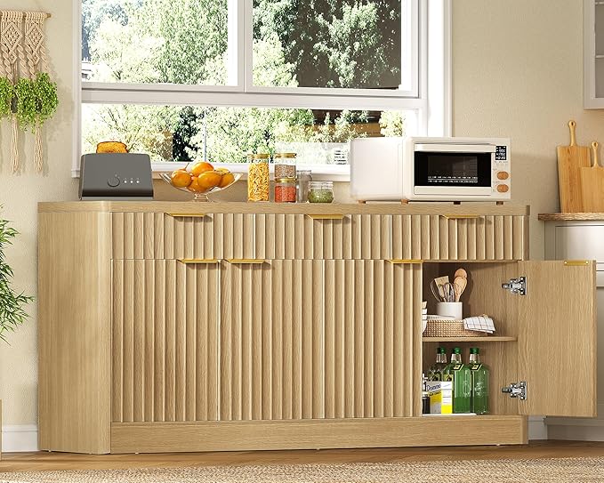 usikey 55” Large Buffet Cabinet with Storage & Drawers, Sideboard Cabinet with 2 Adjustable Shelves & 4 Doors, Coffee Bar Station, Kitchen Storage Cabinets, Natural