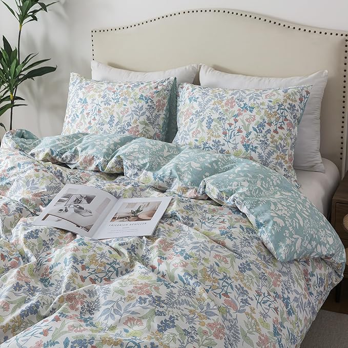 HoneiLife Cotton Queen Duvet Cover - Floral Comforter Cover 3-Piece, Botanical Bedlinen Sets with Zipper Closure & Corner Ties, Wildflower Bedlinen Sets for All Season Use
