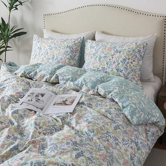 HoneiLife Cotton Queen Duvet Cover - Floral Comforter Cover 3-Piece, Botanical Bedlinen Sets with Zipper Closure & Corner Ties, Wildflower Bedlinen Sets for All Season Use