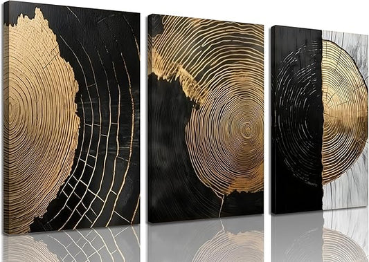3Pcs Framed Minimalist Abstract Black Golden Canvas Wall Art Vintage Tree Ring Wall Decor Pictures Modern Rustic Posters Prints for Living Room Office Hallway Home Decoration 16x24in Ready to Hang
