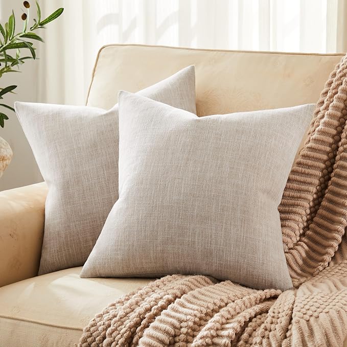 ZeeMart Rustic Cotton Linen Throw Pillow Covers Set of 2, 16x16 Inch Taupe, Farmhouse Style Decorative Couch Pillow Cases Beige Cushion Covers for Sofa Bed Living Room Home Decor