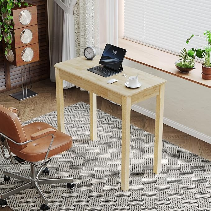 Solid Wooden Desk with Drawers - 32 x 16 Inch Narrow Desks for Small Spaces, Rubberwood Simple Study Table, Small Writing Desk for Bedroom - Natural Boho Desks