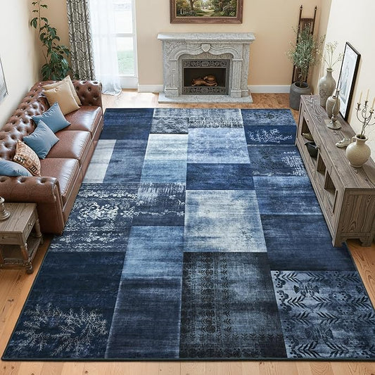 Tepook 5x7 Blue Area Rugs for Living Room, Modern Large Geometric Rug for Bedroom, Washable Patchwork Rug Indoor Non Slip Throw Carpets for Dining Room Office Farmhouse Home Decor