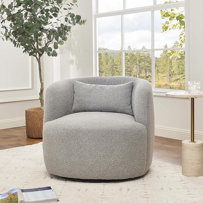 KINWELL 34" Wide Sherpa Swivel Barrel Chair, No Assembly Round Boucle Upholstered Accent Chair Armchair Single Sofa Chair with Toss Pillow for Living Room and Bedroom, Gray