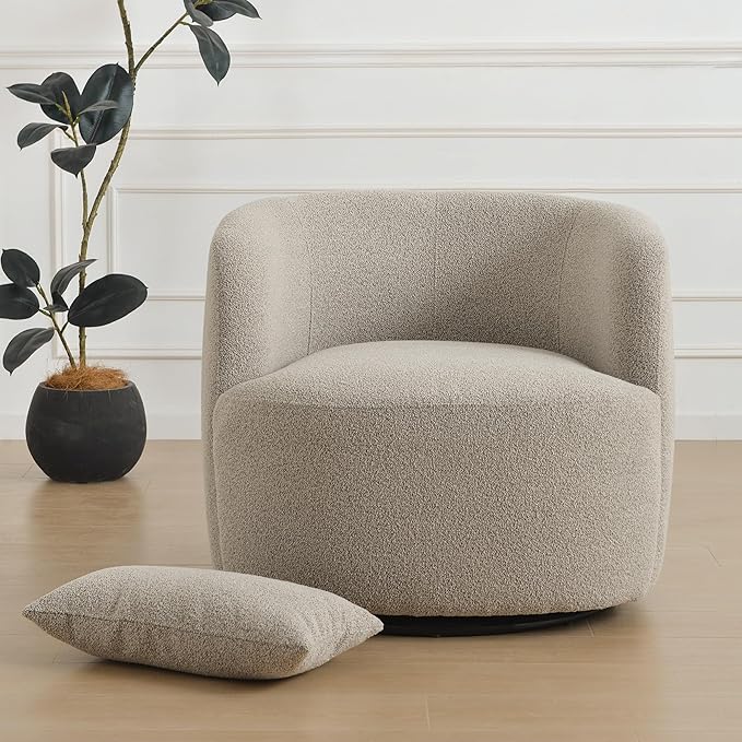 KINWELL 34" Wide Sherpa Swivel Barrel Chair, No Assembly Round Boucle Upholstered Accent Chair Armchair Single Sofa Chair with Toss Pillow for Living Room and Bedroom, Taupe