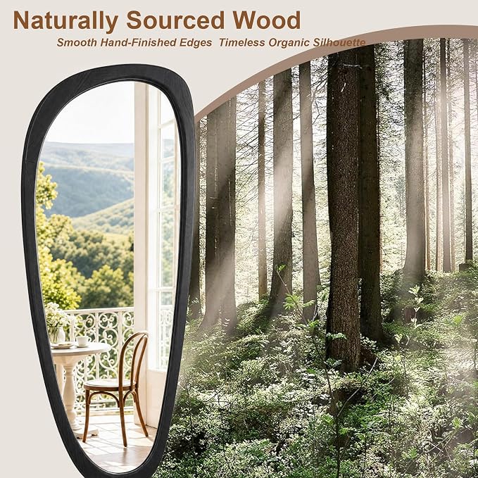 48" x 22" Asymmetrical Wall Mirror with Black Wood Frame, Irregular Decorative Mirror for Living Room Entryway Bedroom, Large Wall Mirror, HD Tempered Glass, Horizontal or Vertical Hanging