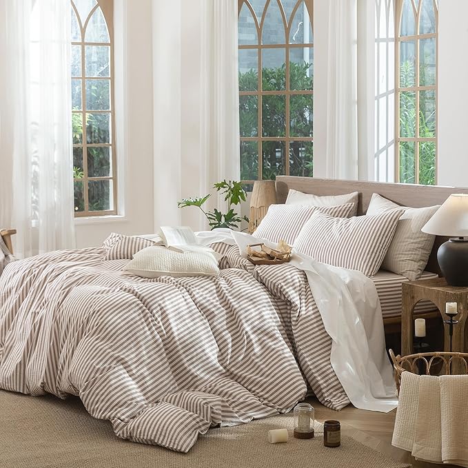 MooMee Striped Duvet Cover Set 100% Washed Cotton Linen Like Textured Breathable Durable Soft Comfy (Orange Classic Stripes, Palatial King/Oversized King 120"x98")