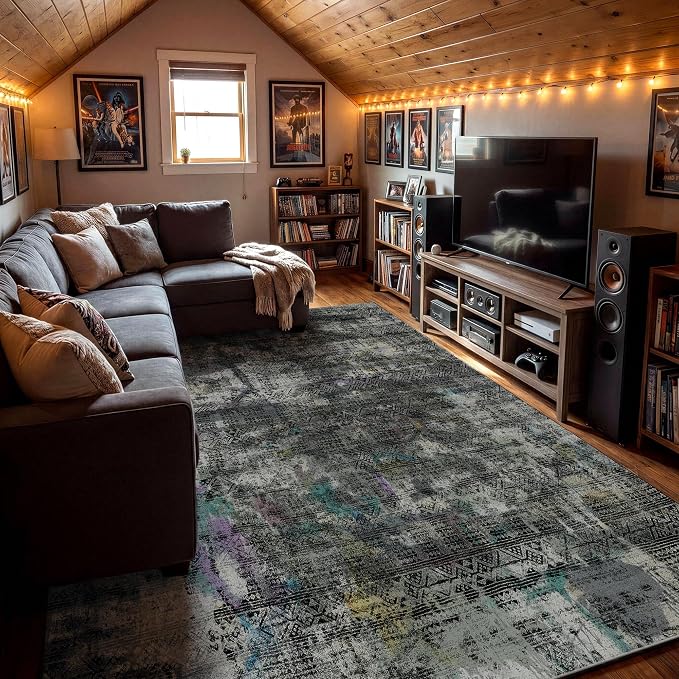 Kokia Abstract Area Rugs 8x10 Bedroom Soft Living Room Black-Gray Rugs Washable Distressed Vintage Comfy Carpet with Non-Slip Backing for Farmhouse Home Office Room Decor
