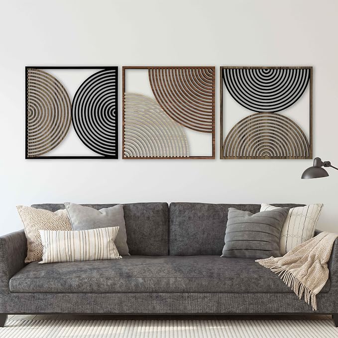 Boho Mid Century Wood Wall Art Set of 3, Abstract Geometric Wooden Wall Decor, Modern Decorative Panels, Large Home Accents Gift for Living Room and Bedroom