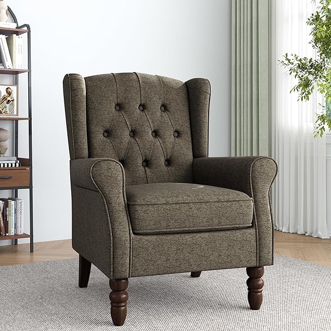 Accent Chair, High Back Upholstered Chair with Button Tufted, Mid-Century Modern Comfy Wingback Chair Reading Armchair in Fabric for Living Room for Bedroom, Office-Taupe