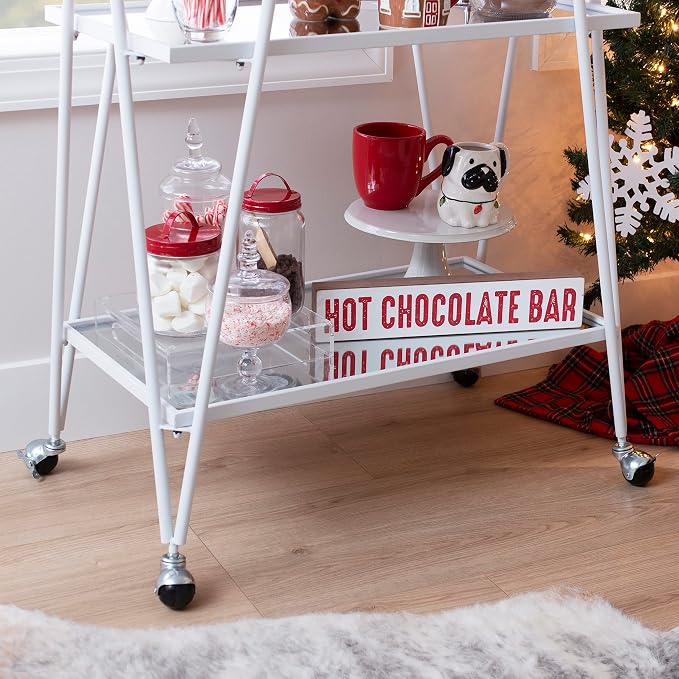 Linon Gina White Mid-Century Bar Cart with Mirrored Shelves and Locking Wheels