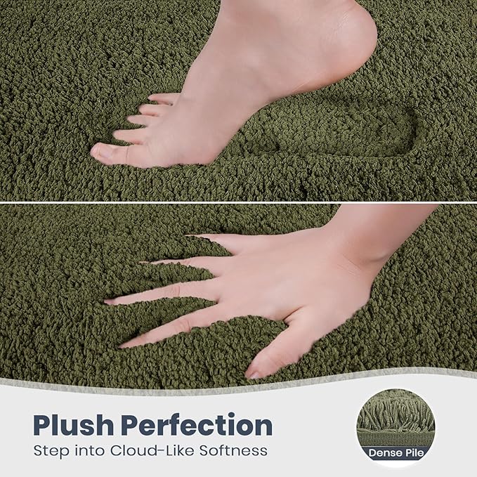 PURRUGS Bathroom Rug Non-Slip Machine Washable 20" x 30", Super Absorbent and Quick Dry Shaggy Microfiber Bath Mat, Extra Soft and Plush Bath Rug for Bathtub, Shower, and Sink, Olive Green
