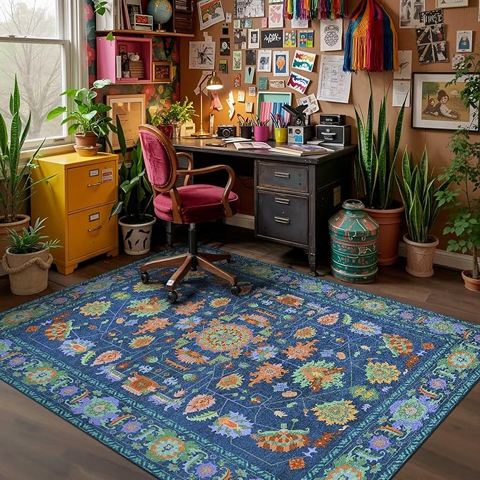 Kokia Green Living Room Area Rug Washable Non Slip Low Pile 6x9 Vintage Oushak Stain Resistant Soft Oriental Rugs for Bedroom, Dining Room, Kitchen, Indoor Leisure Rooms, Nova Peacock