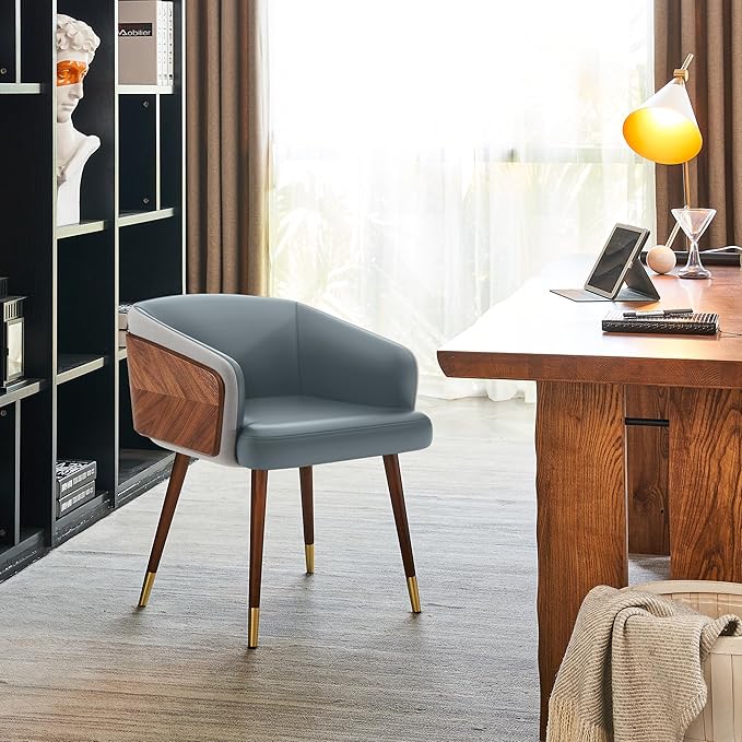 ARTPLAN Modern Upholsted Accent Dining Chairs,Mid-Century Faux Leather with Walnut for Kitchen,Office Waiting Room Arm Sitting Chair, Beech Legs Dissassembly Adjustable Feet,Steel Gray