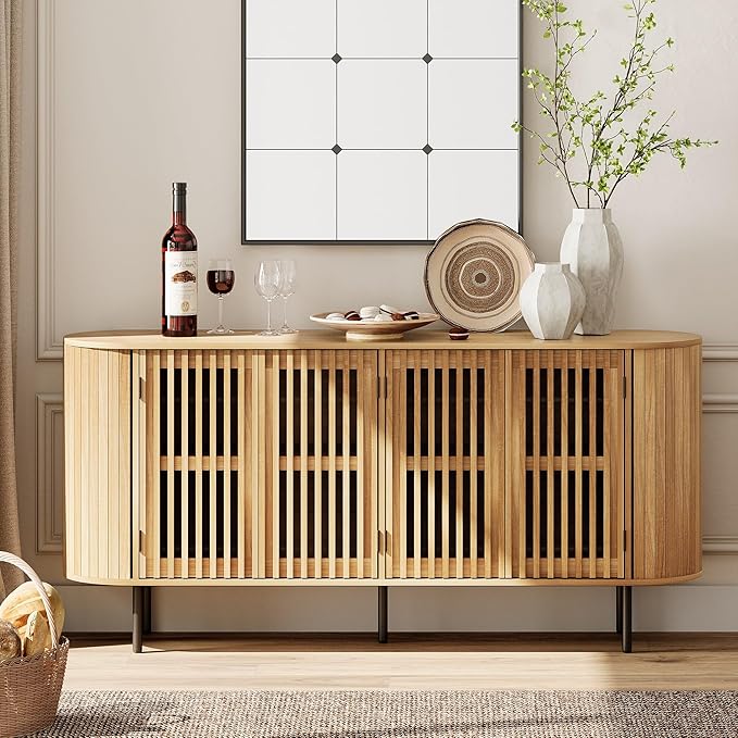 WAMPAT 66" Fluted Sideboard Buffet Cabinet,Wood Storage Cabinet with 4 Doors,Mid Century Modern Credenza for Dining Room, Living Room, Kitchen,Oak