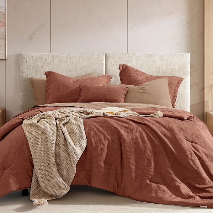 Geniospin King Size Comforter Set- 7 Pieces Terracotta Textured King Bedding Set, Soft Solid Bed in a Bag for All Seasons, Fall Comforter Set with Sheets