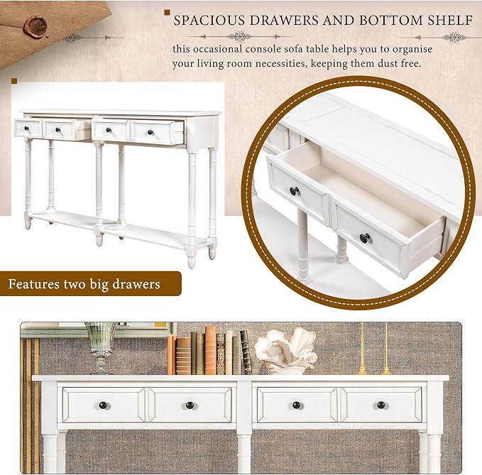 Merax Retro Console Table Sofa Table for Entryway with Drawers and Shelf Living Room Table (White)