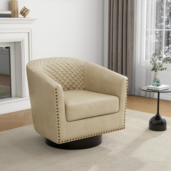 UIXE Faux Leather Swivel Barrel Accent Chair, Upholstered Round Armchair Club Chair for Living Room, Comfy Single Sofa Bedroom Reading Seat - Beige Cream