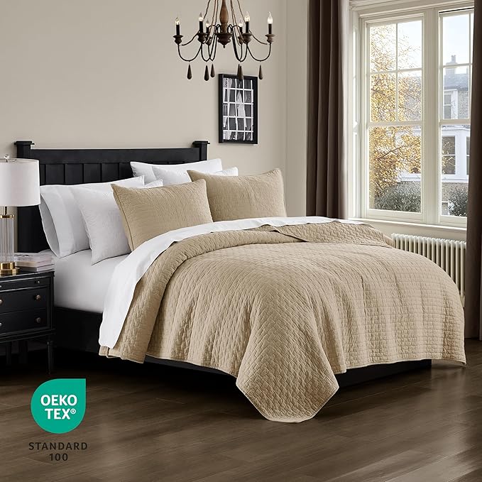 palassio Dark Beige 100% Cotton Quilt Twin Size Bedding Sets with 1 Pillow Sham, Textured Lightweight Soft Bedspread Shabby Chic Coverlet, Quilted Comforter Bed Cover for All Season, 2 Pieces