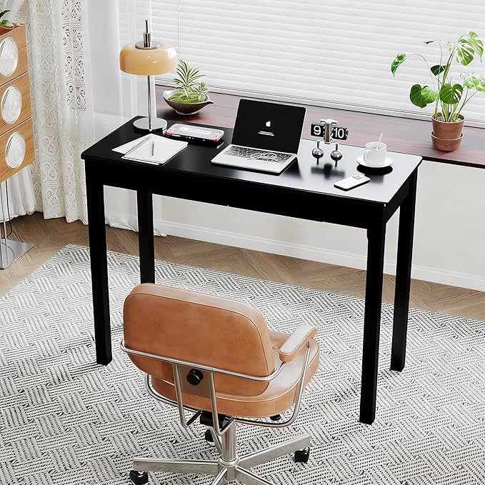 Solid Wooden Desk with Drawers - 39 x 16 Inch Modern Narrow Desks, Rubberwood Simple Study Table, Small Writing Desk for Bedroom|Small Spaces - Black Desks