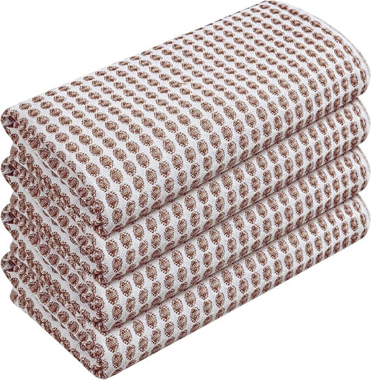 TWINY threads 4 Pack Honeycomb Circle Waffle Dish Towels 16x26 Inches, 100% Cotton, Durable, Thick, Waffle Weave Tea Towels, Great for Handling Hot Pots, Heavy Cleaning, Brown