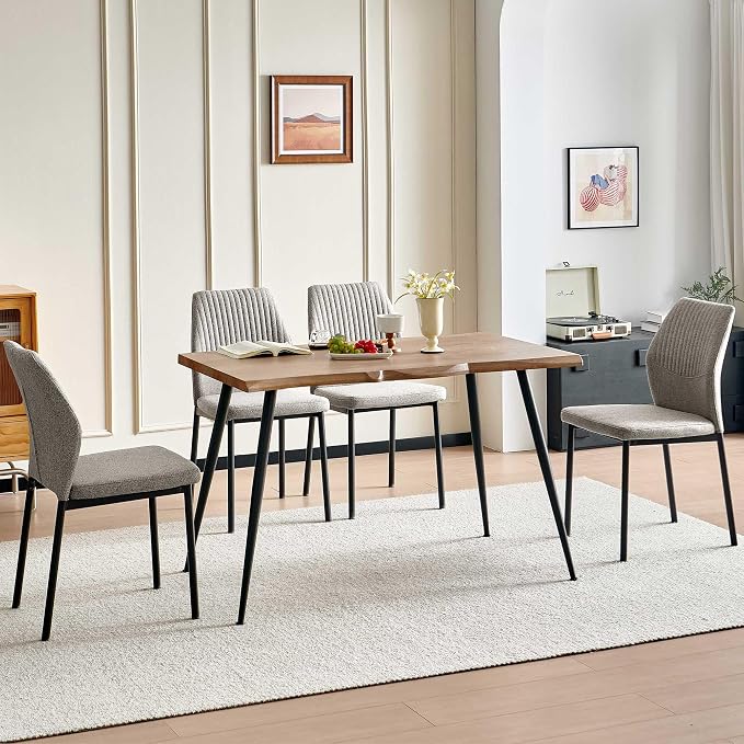 Dining Table Set for 4, Modern Wood Irregular Rectangle Dining Table, Linen Fabric Dining Chairs 4,Table and Chairs Set of 4 for Kitchen Dining Room, Light Brown