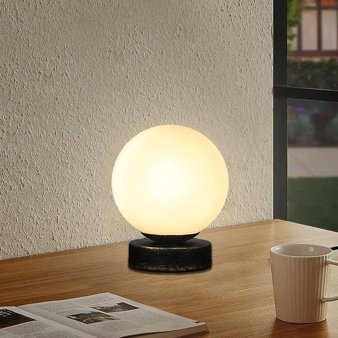 FLORNIA Globe Tble Lamp, Modern Industrial Round Table Lamp, Unique Bedside Nightstand Desk Lamp with Glass Shade and Marble Base for Bedroom, Living Room, Office Study, Decoration (Include Bulb G45)