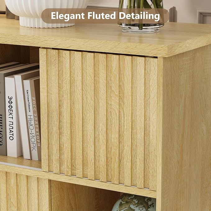 Einhomn Cube Storage Organizer with Sliding Doors, Wooden Bookshelf Storage Cabinet, 9 Cube Bookcase Organizer for Living Room Bedroom Office, Natural