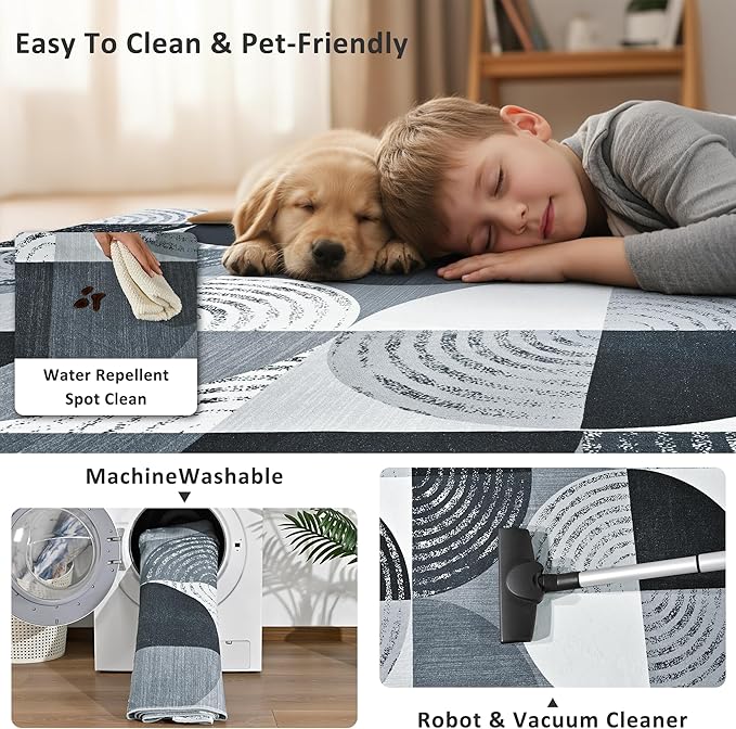 Merelax Large 4x6 Geometric Entryway Rug Indoor - Washable Non-Slip Low Pile Soft Area Rug for Entrance, Kitchen, Mudroom, Office, Modern Aesthetic Abstract Decor Thin Carpet, Black/Grey/White